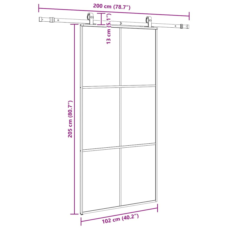 Schiebetür mit Beschlag Schwarz 102x205 cm ESG-Glas