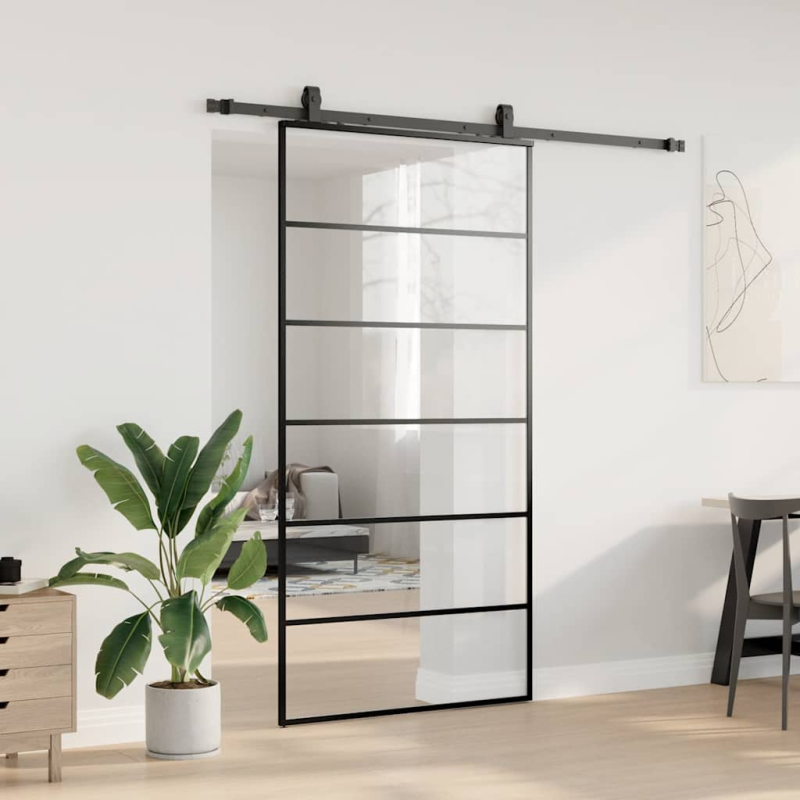 Schiebetür mit Beschlag Schwarz 102x205 cm ESG-Glas