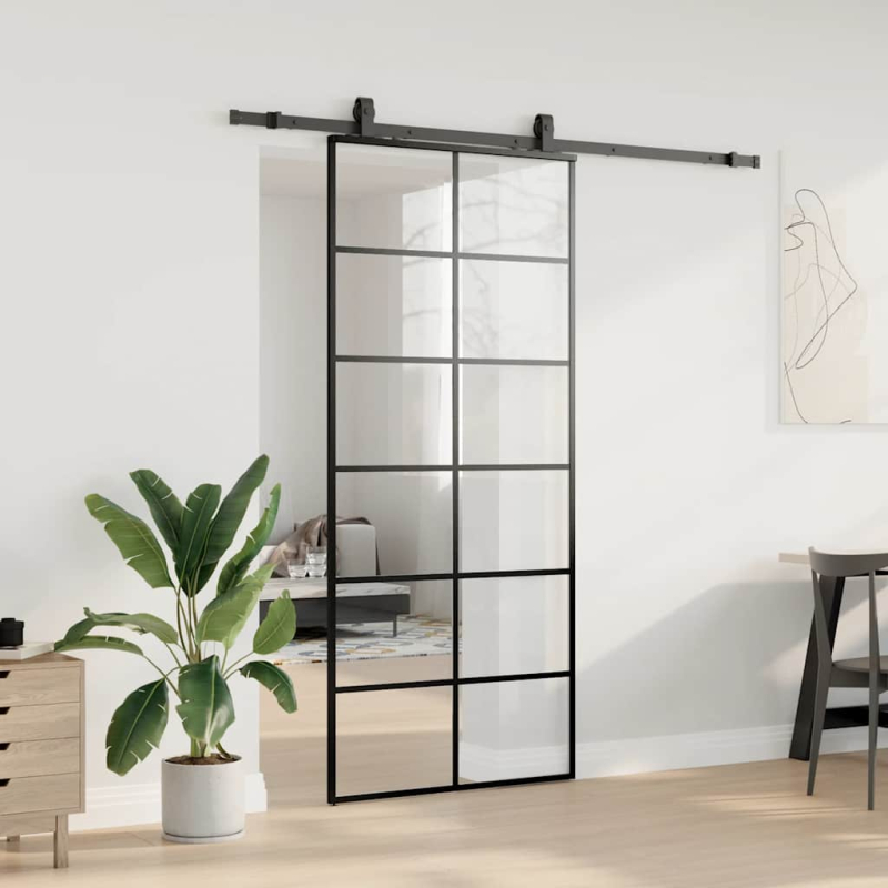 Schiebetür mit Beschlag Schwarz 90x205 cm ESG-Glas
