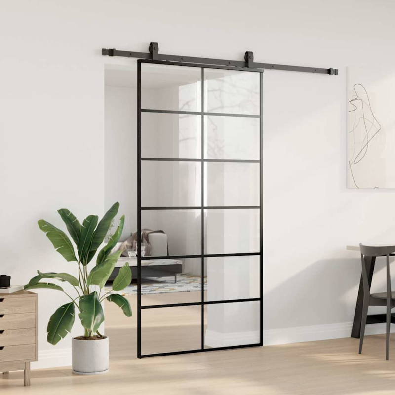 Schiebetür mit Beschlag Schwarz 102x205 cm ESG-Glas