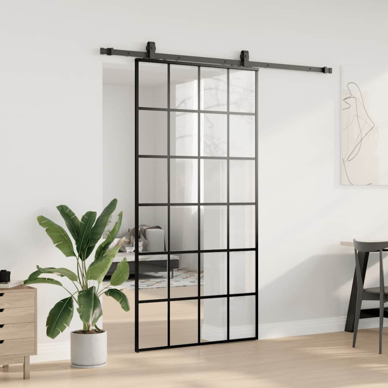 Schiebetür mit Beschlag Schwarz 102x205 cm ESG-Glas