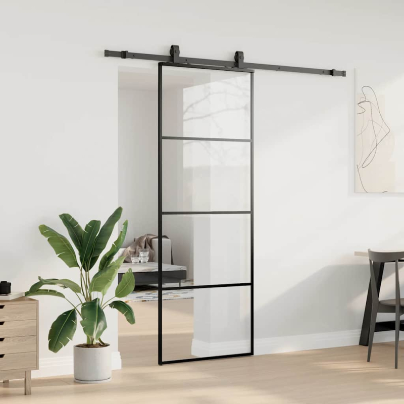 Schiebetür mit Beschlag Schwarz 76x205 cm ESG-Glas