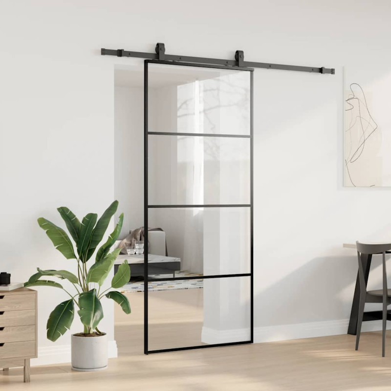 Schiebetür mit Beschlag Schwarz 90x205 cm ESG-Glas