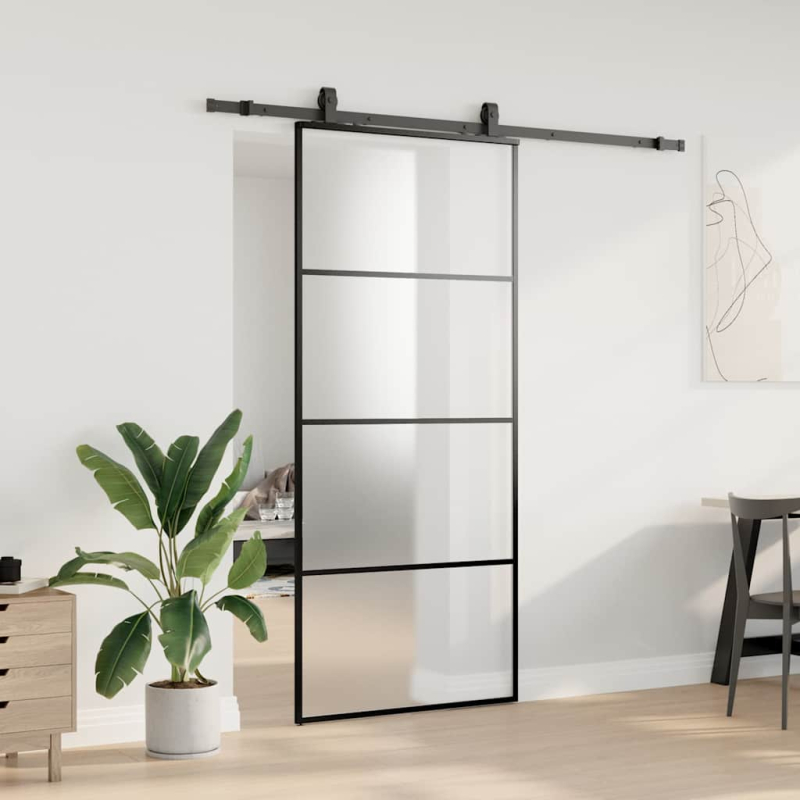 Schiebetür mit Beschlag Schwarz 90x205 cm ESG-Glas