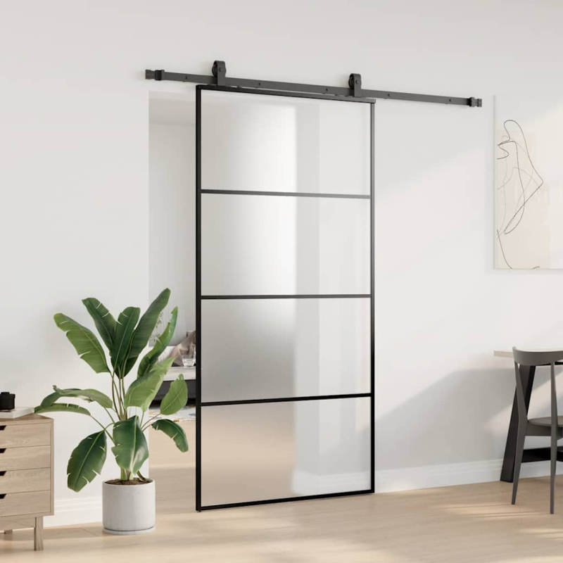 Schiebetür mit Beschlag Schwarz 102,5x205 cm ESG-Glas