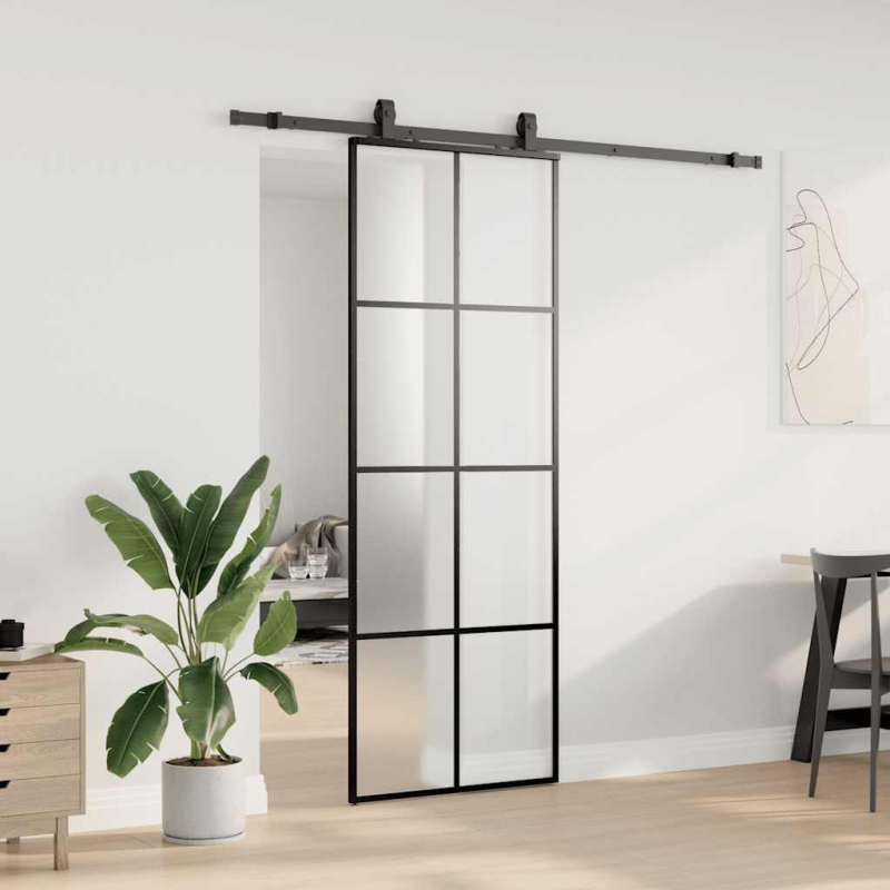 Schiebetür mit Beschlag Schwarz 76x205 cm ESG-Glas