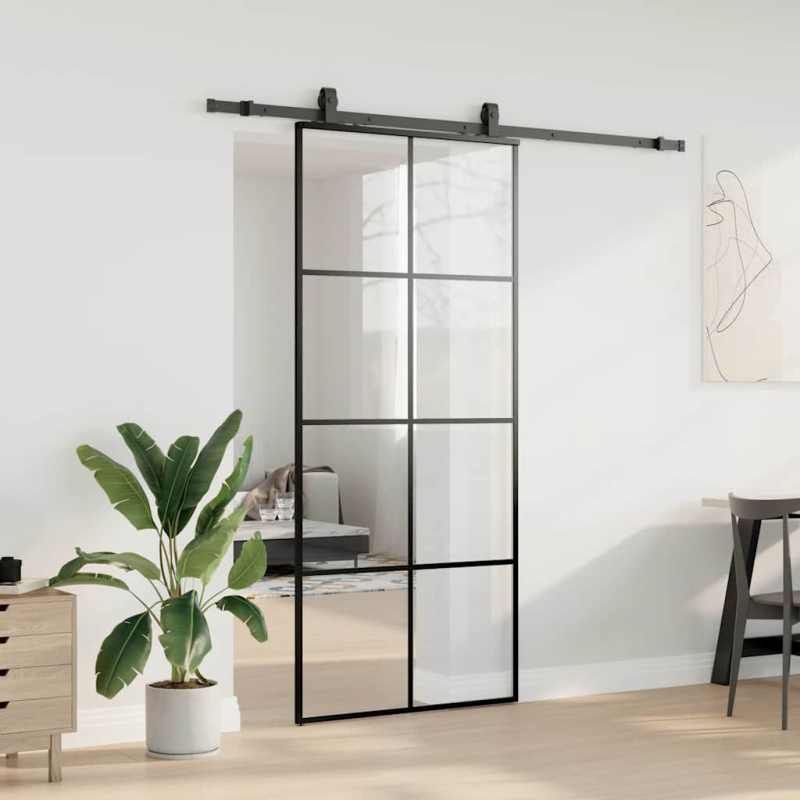 Schiebetür mit Beschlag Schwarz 90x205 cm ESG-Glas