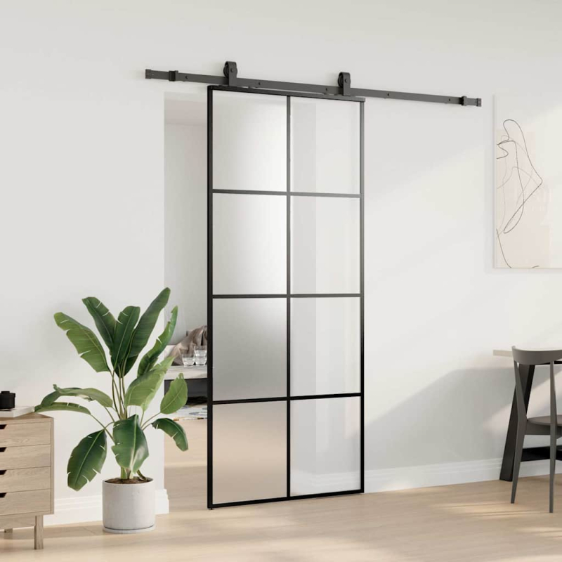 Schiebetür mit Beschlag Schwarz 90x205 cm ESG-Glas