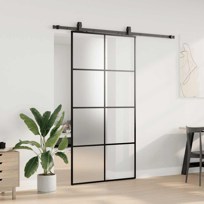 Schiebetür mit Beschlag Schwarz 102,5x205 cm ESG-Glas