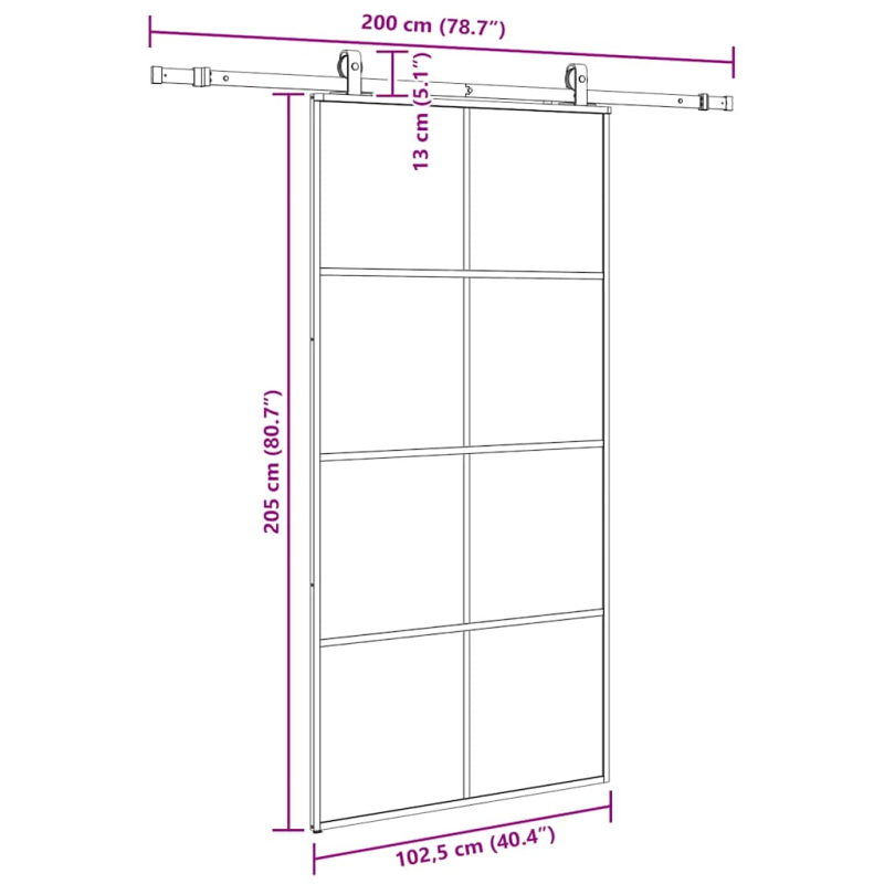 Schiebetür mit Beschlag Schwarz 102,5x205 cm ESG-Glas