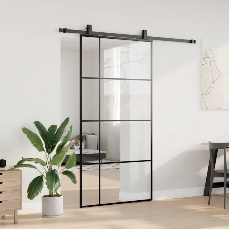 Schiebetür mit Beschlag Schwarz 102,5x205 cm ESG-Glas
