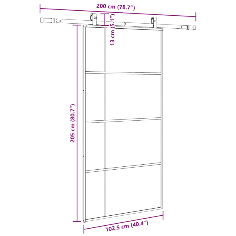 Schiebetür mit Beschlag Schwarz 102,5x205 cm ESG-Glas