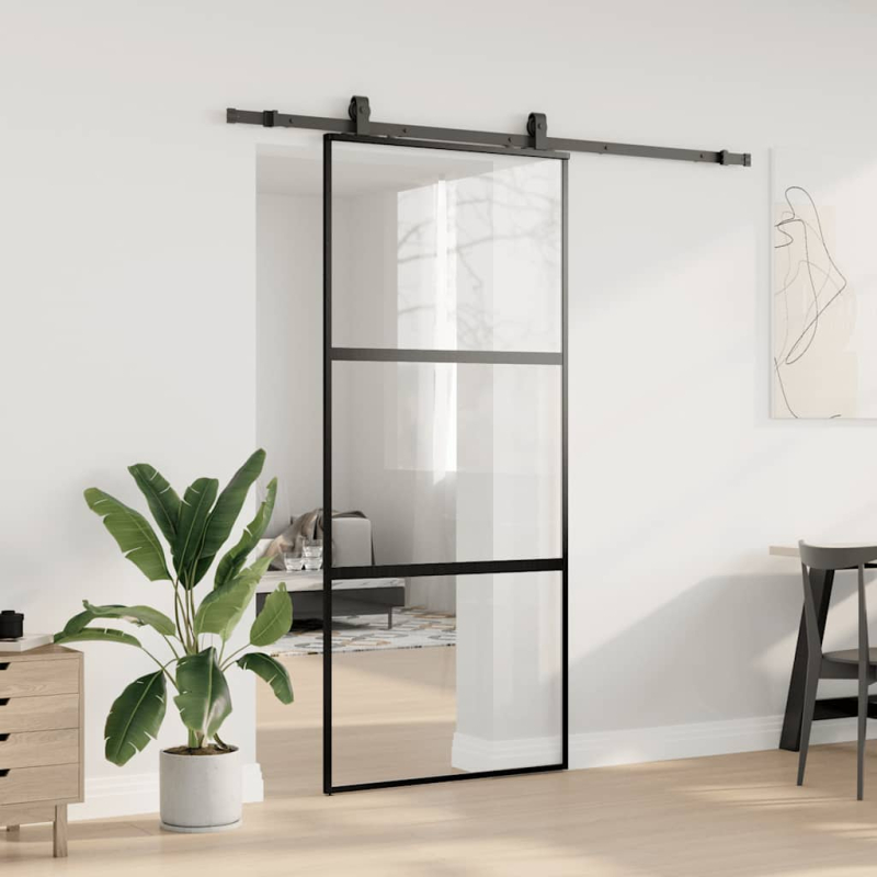 Schiebetür mit Beschlag Schwarz 90x205 cm Hartglas