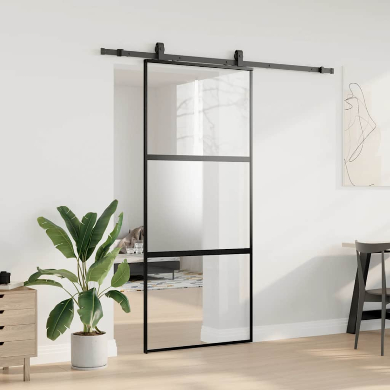 Schiebetür mit Beschlag Schwarz 90x205 cm Hartglas