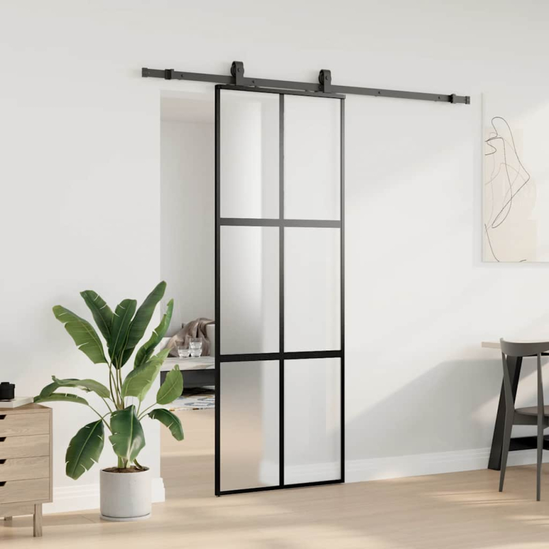 Schiebetür mit Beschlag Schwarz 76x205 cm Hartglas