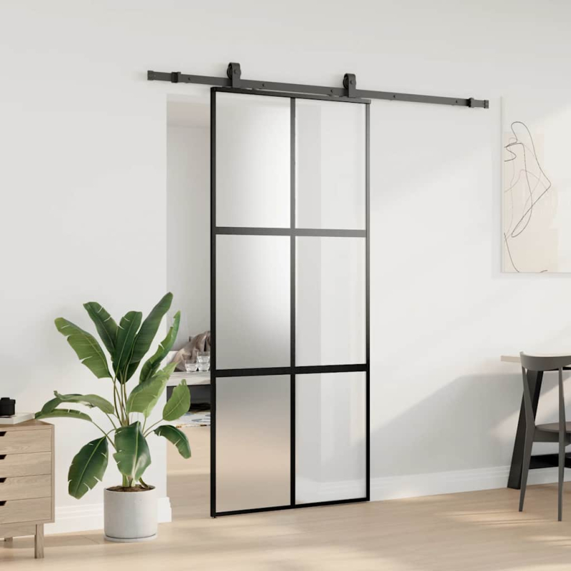 Schiebetür mit Beschlag Schwarz 90x205 cm Hartglas
