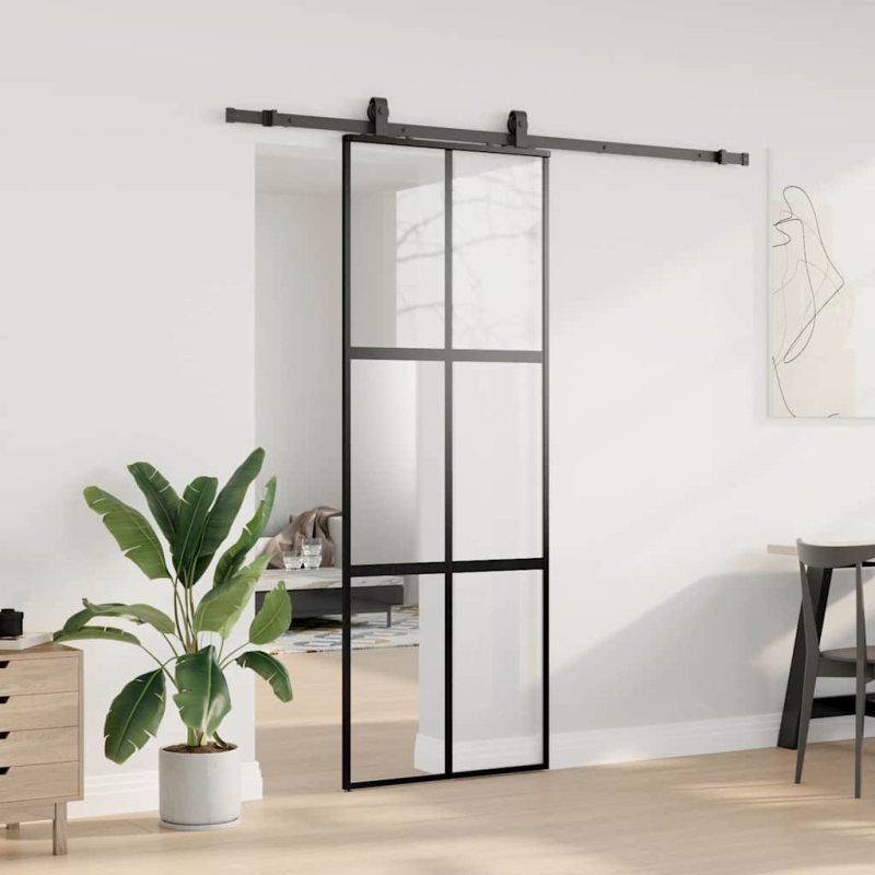 Schiebetür mit Beschlag Schwarz 76x205 cm Hartglas