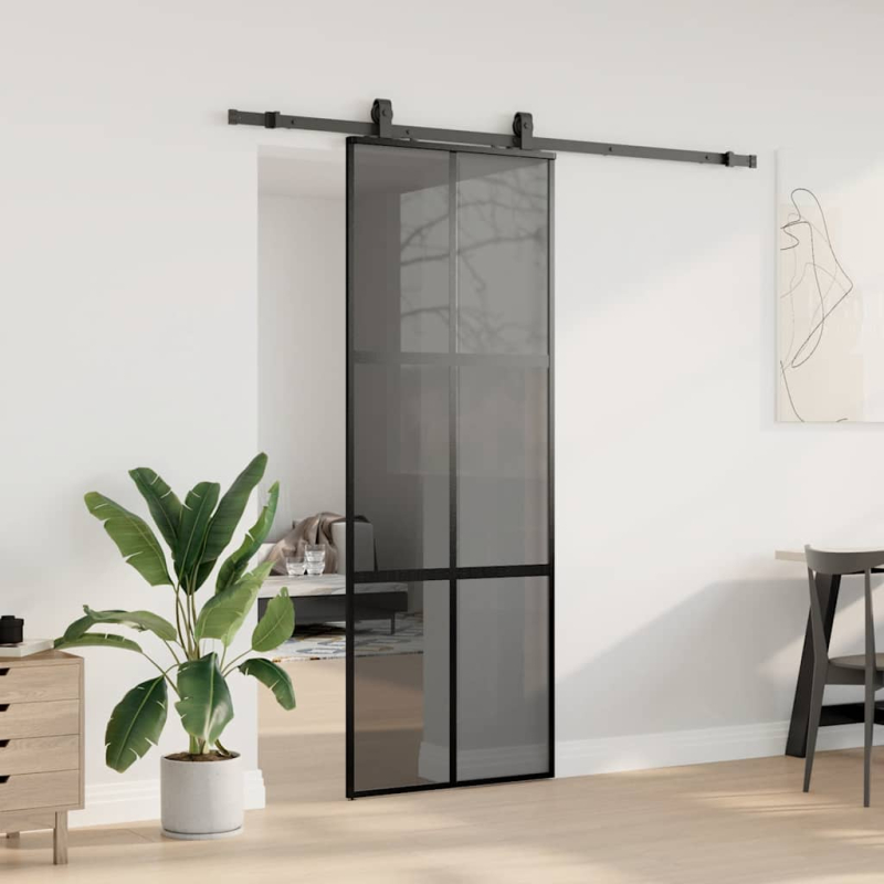 Schiebetür mit Beschlag Schwarz 76x205 cm Hartglas