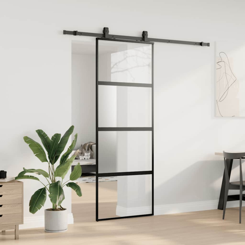 Schiebetür mit Beschlag Schwarz 76x205 cm Hartglas