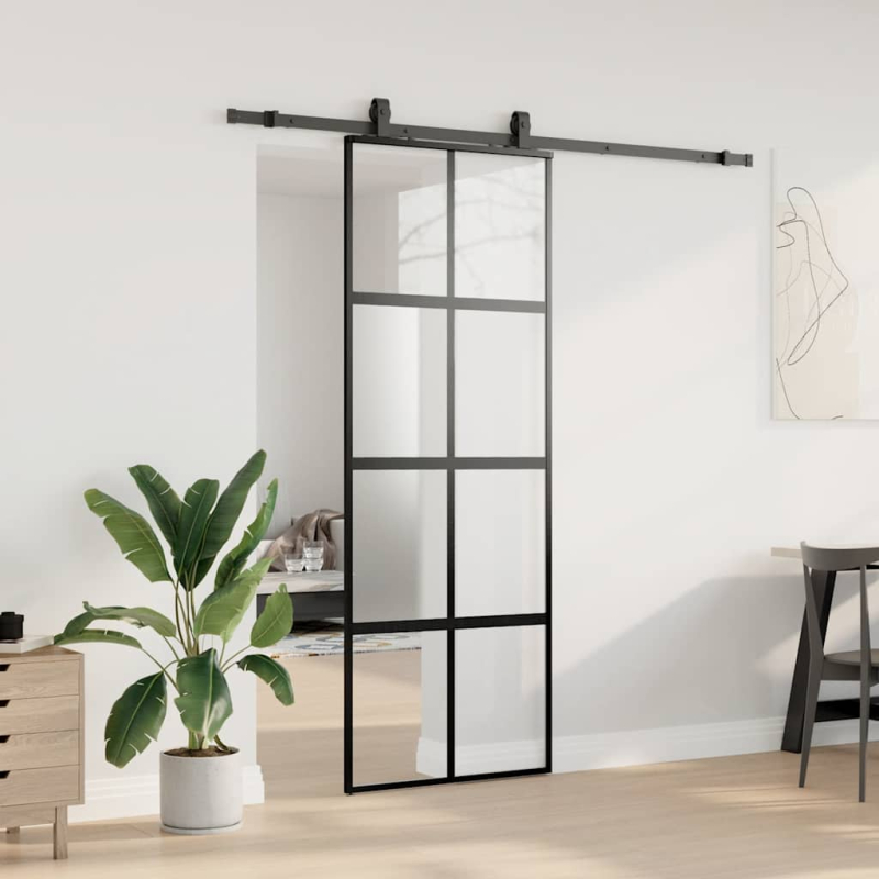 Schiebetür mit Beschlag Schwarz 76x205 cm Hartglas