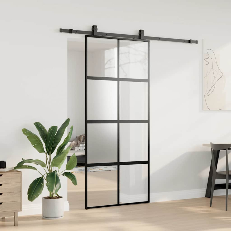 Schiebetür mit Beschlag Schwarz 90x205 cm Hartglas