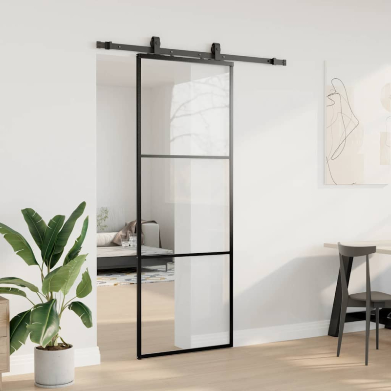 Schiebetür mit Beschlag Schwarz 76x205 cm ESG-Glas