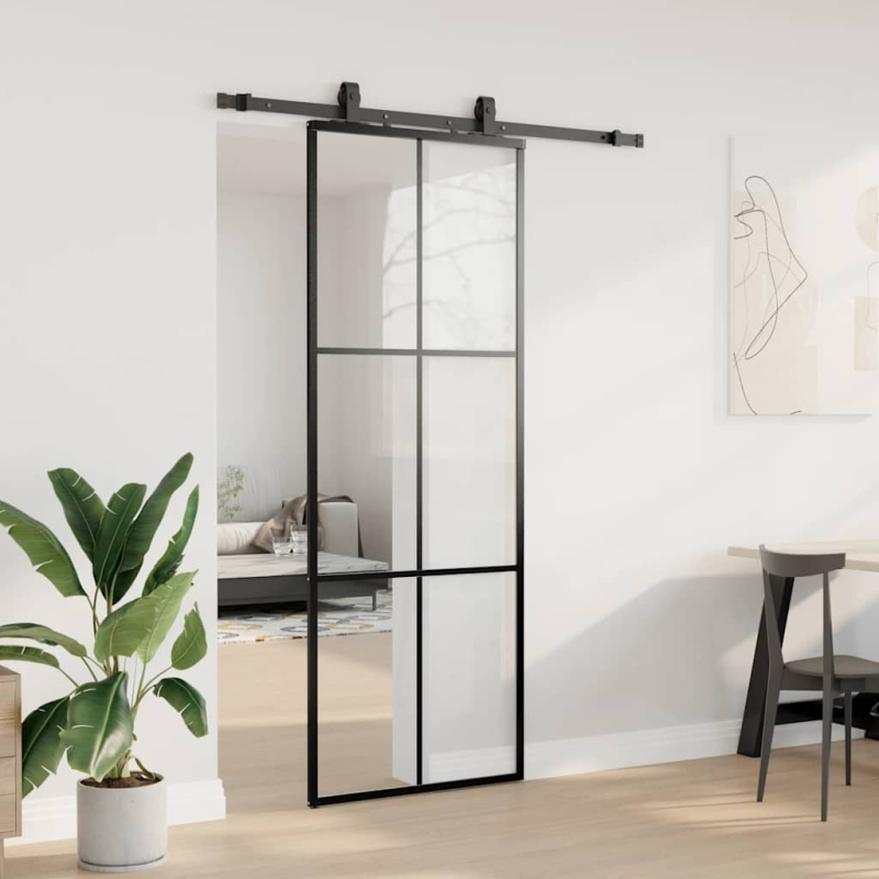 Schiebetür mit Beschlag Schwarz 76x205 cm ESG-Glas