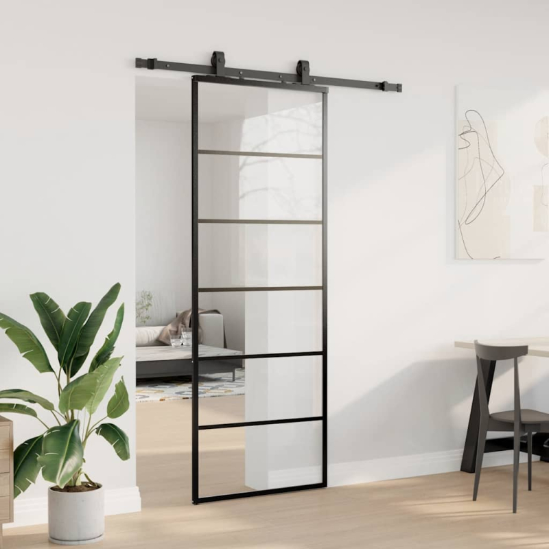 Schiebetür mit Beschlag Schwarz 76x205 cm ESG-Glas