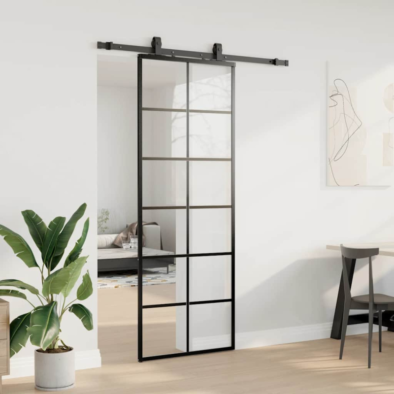 Schiebetür mit Beschlag Schwarz 76x205 cm ESG-Glas