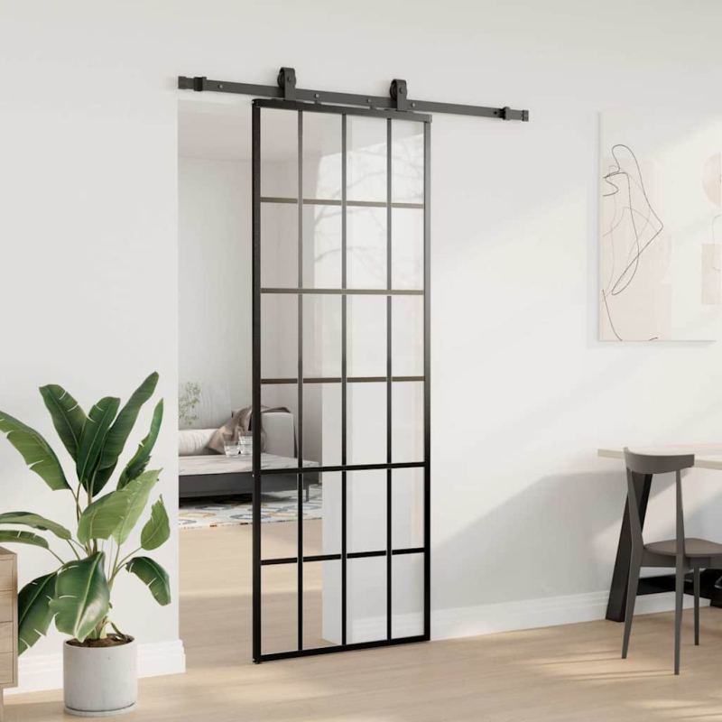 Schiebetür mit Beschlag Schwarz 76x205 cm ESG-Glas