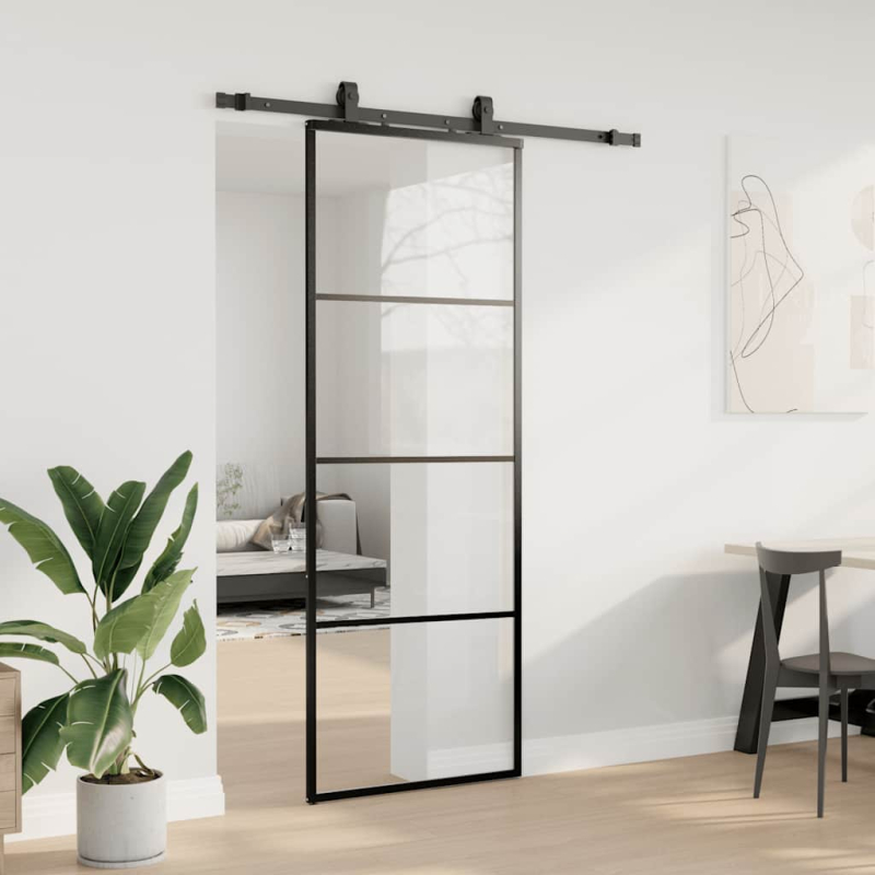 Schiebetür mit Beschlag Schwarz 76x205 cm ESG-Glas