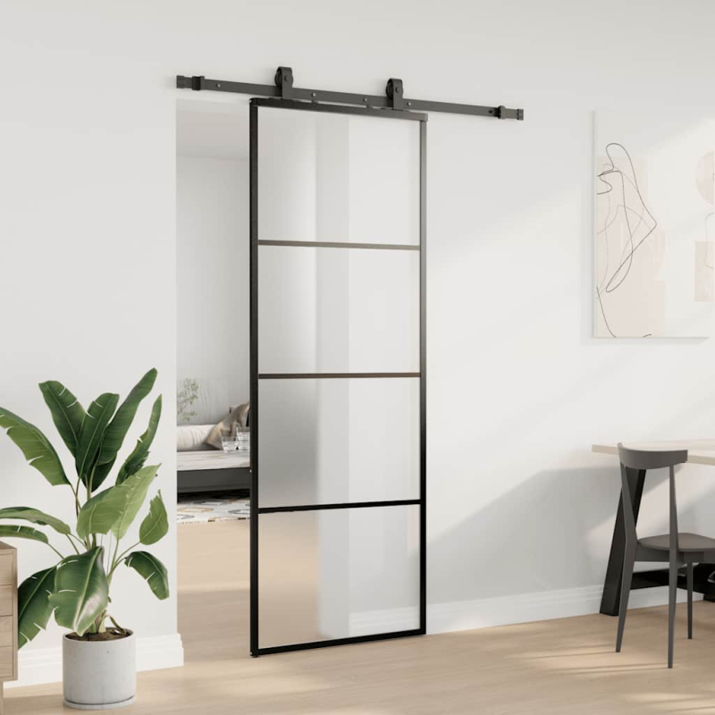 Schiebetür mit Beschlag Schwarz 76x205 cm ESG-Glas