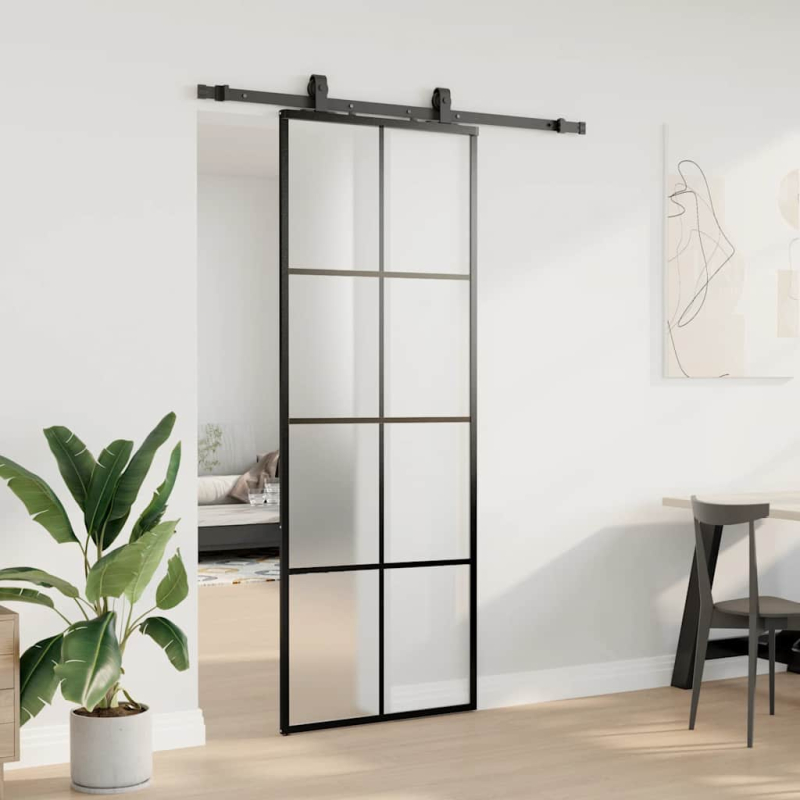 Schiebetür mit Beschlag Schwarz 76x205 cm ESG-Glas