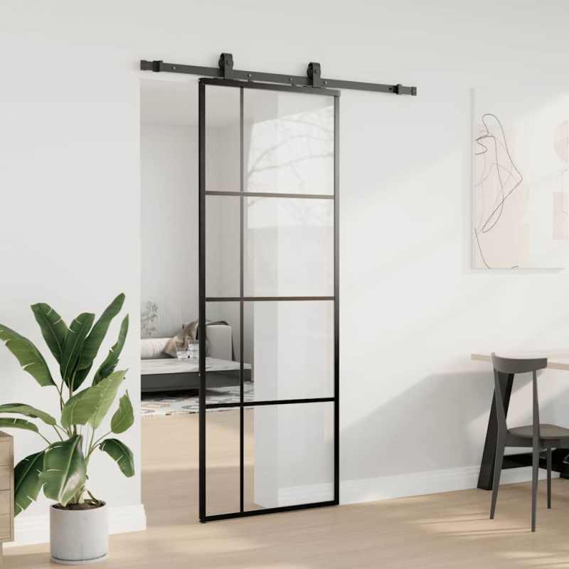 Schiebetür mit Beschlag Schwarz 76x205 cm ESG-Glas