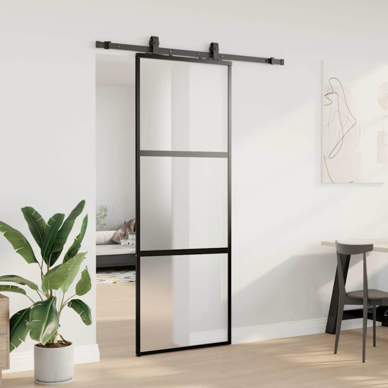 Schiebetür mit Beschlag Schwarz 76x205 cm Hartglas