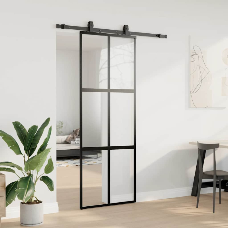Schiebetür mit Beschlag Schwarz 76x205 cm Hartglas
