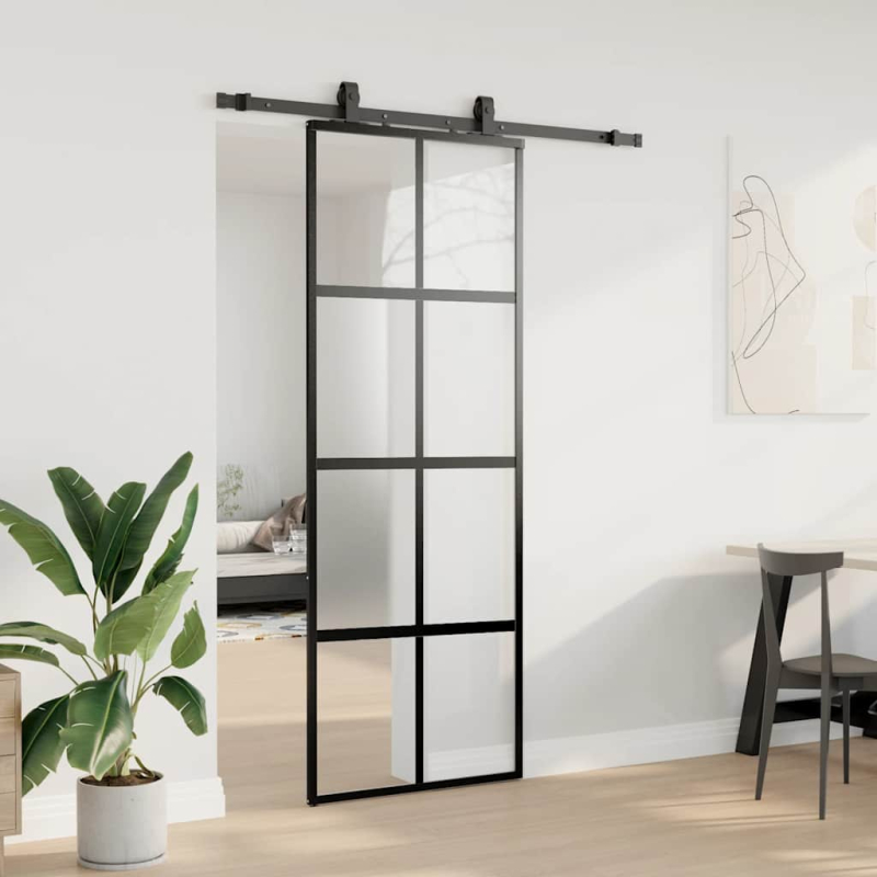 Schiebetür mit Beschlag Schwarz 76x205 cm Hartglas