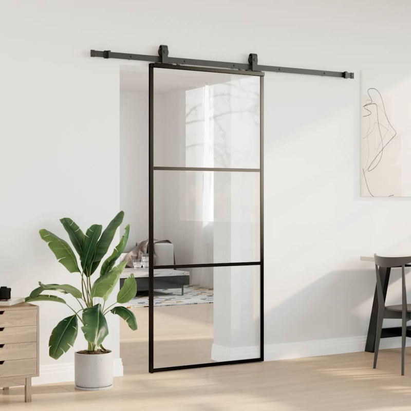Schiebetür mit Beschlag Schwarz 90x205 cm ESG-Glas