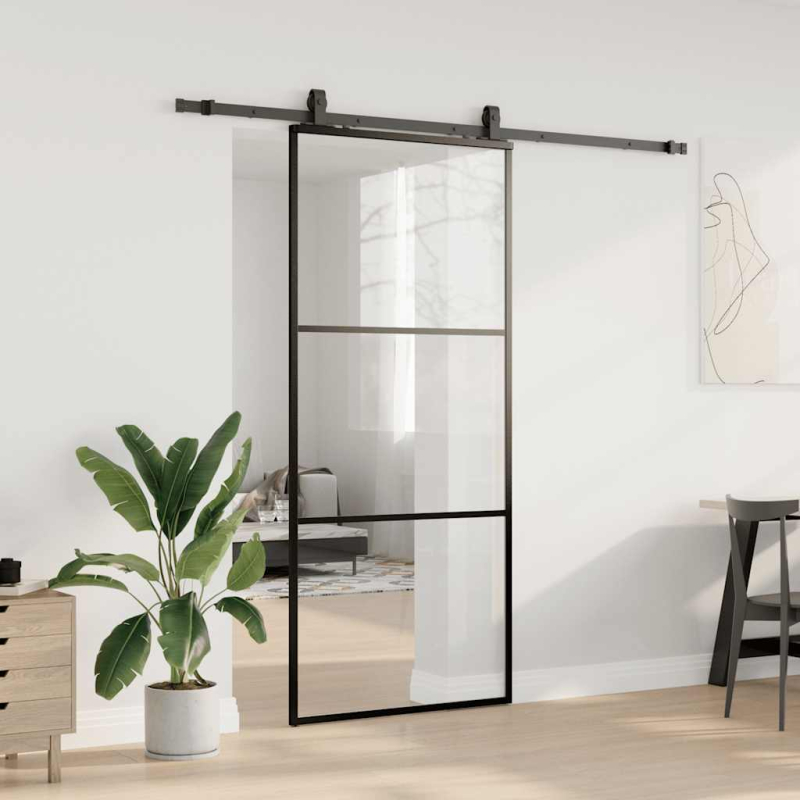 Schiebetür mit Beschlag Schwarz 90x205 cm ESG-Glas