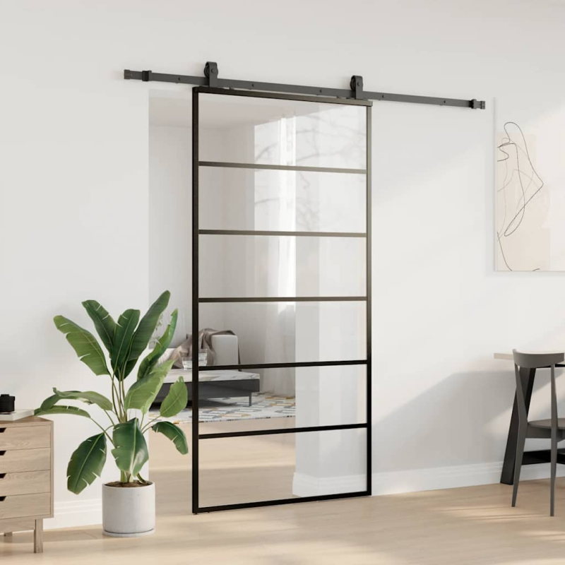 Schiebetür mit Beschlag Schwarz 102x205 cm ESG-Glas