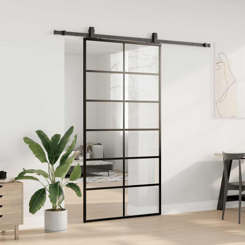 Schiebetür mit Beschlag Schwarz 102x205 cm ESG-Glas