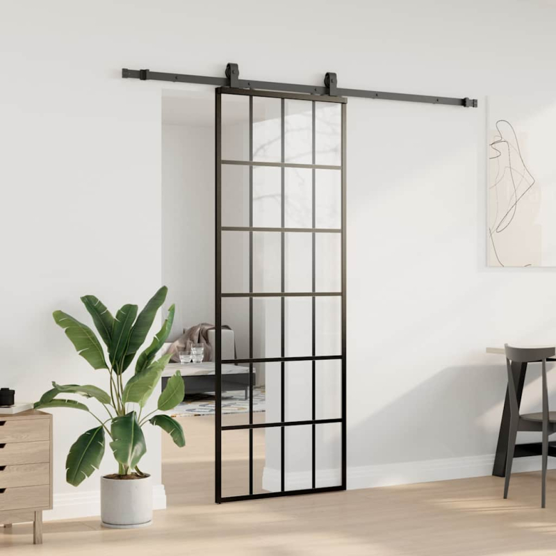 Schiebetür mit Beschlag Schwarz 76x205 cm ESG-Glas