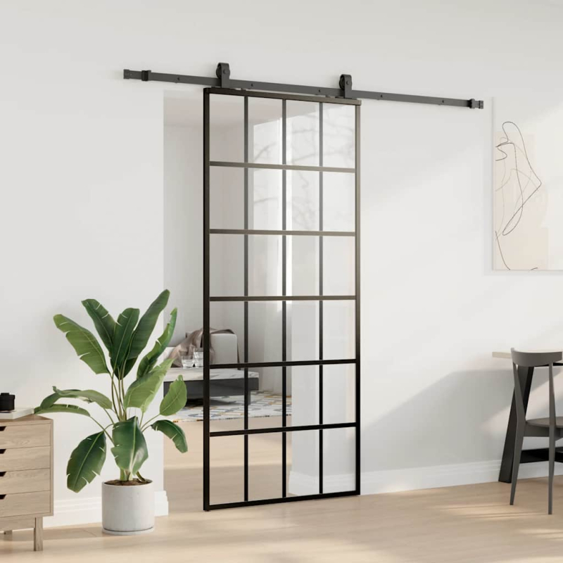 Schiebetür mit Beschlag Schwarz 90x205 cm ESG-Glas