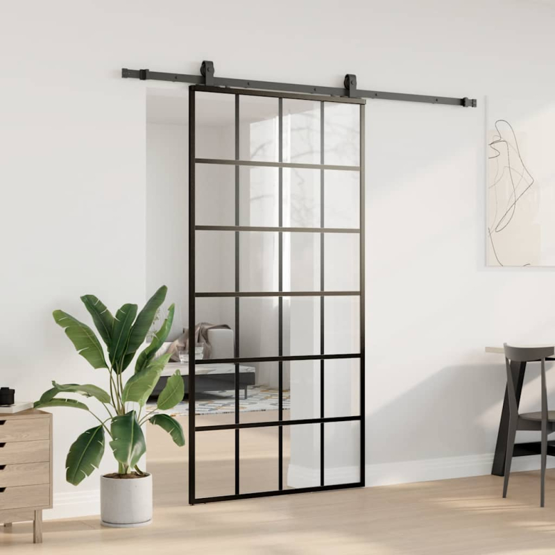 Schiebetür mit Beschlag Schwarz 102x205 cm ESG-Glas
