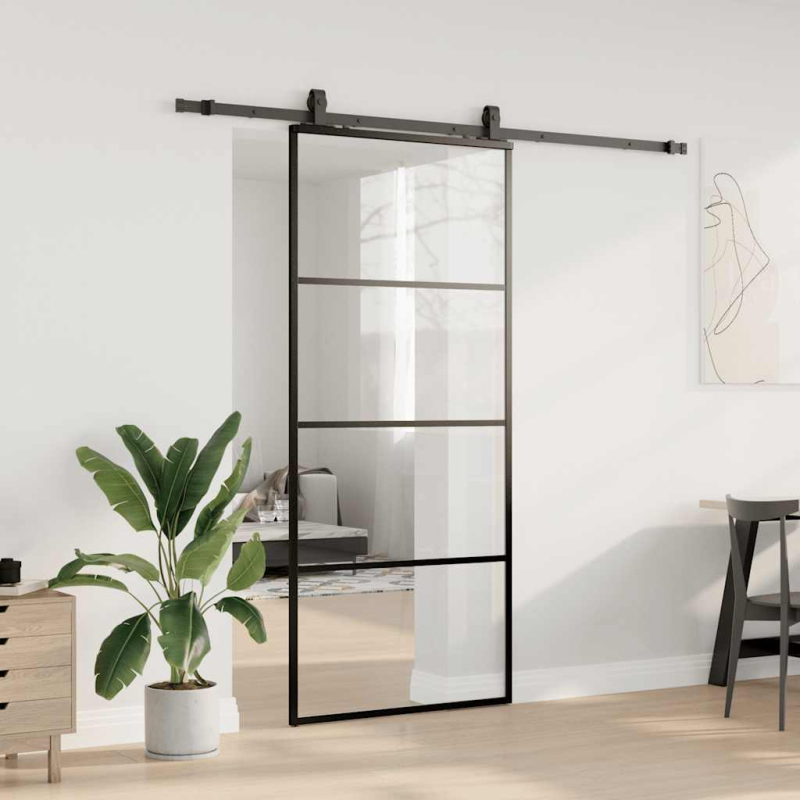 Schiebetür mit Beschlag Schwarz 90x205 cm ESG-Glas