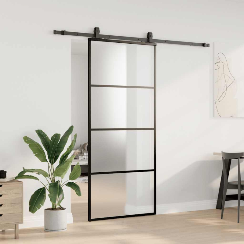 Schiebetür mit Beschlag Schwarz 90x205 cm ESG-Glas
