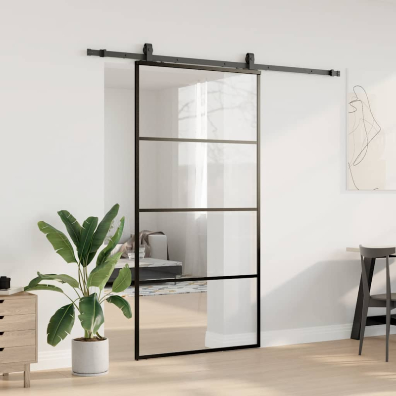 Schiebetür mit Beschlag Schwarz 102,5x205 cm ESG-Glas