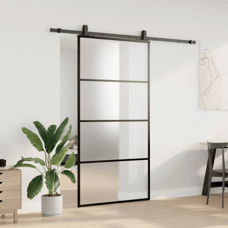Schiebetür mit Beschlag Schwarz 102,5x205 cm ESG-Glas