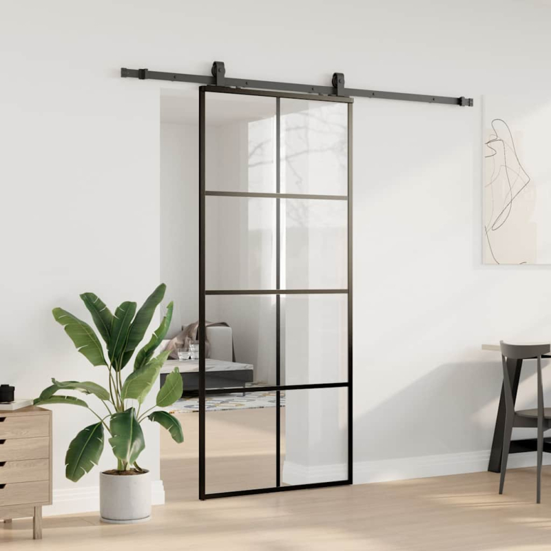 Schiebetür mit Beschlag Schwarz 90x205 cm ESG-Glas