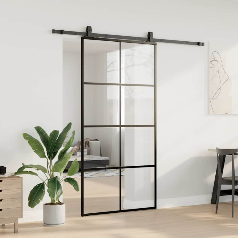 Schiebetür mit Beschlag Schwarz 102,5x205 cm ESG-Glas